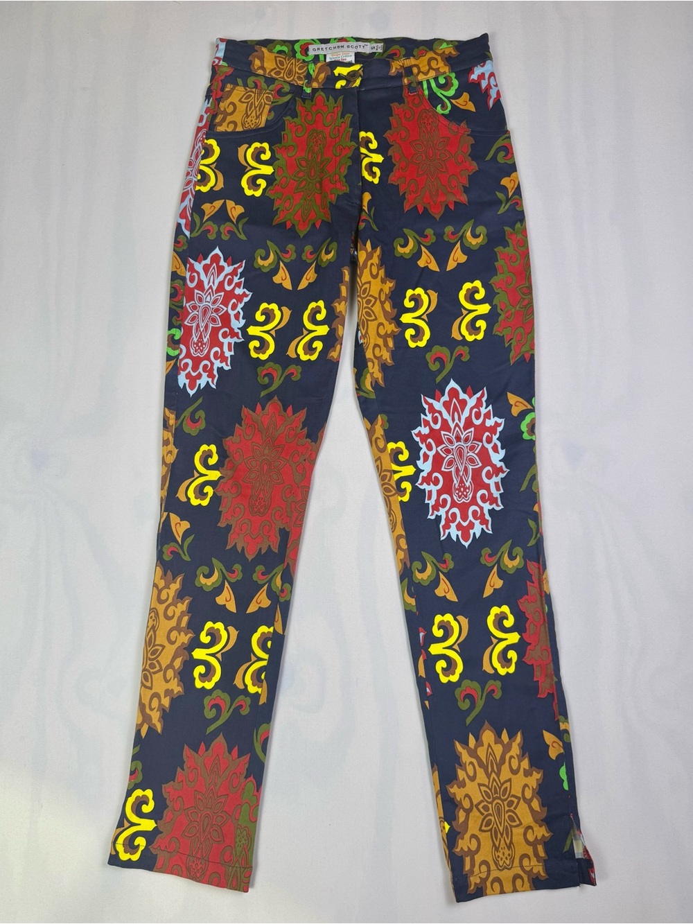 Gretchen Scott Turkish Delight Pants S Navy Multicolor Stretch Slim Straight Leg